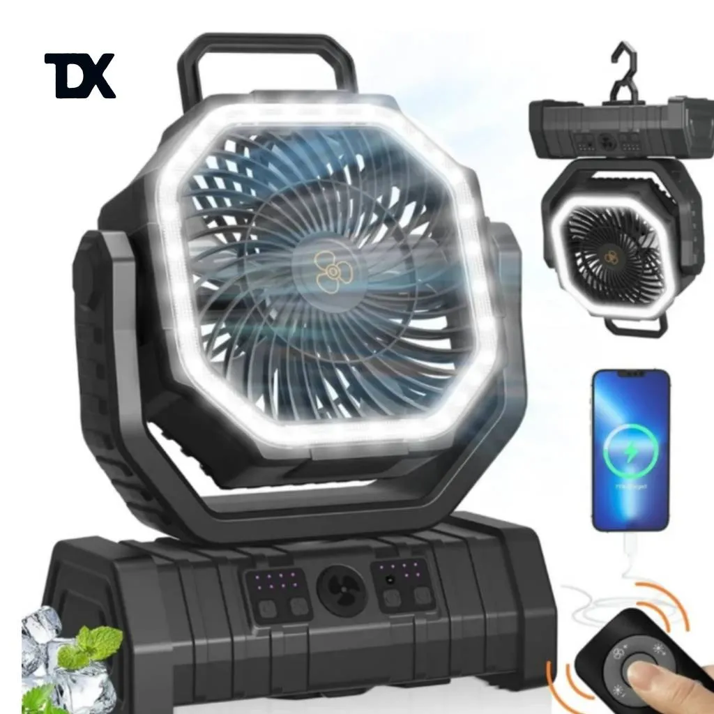 پنکه شارژی کمپینگ مدل F6 با چراغ LED و کنترل از راه دور
